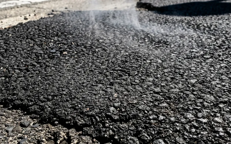 炎天下のアスファルト歩道と犬の足跡。地面から揺れる熱気が見える