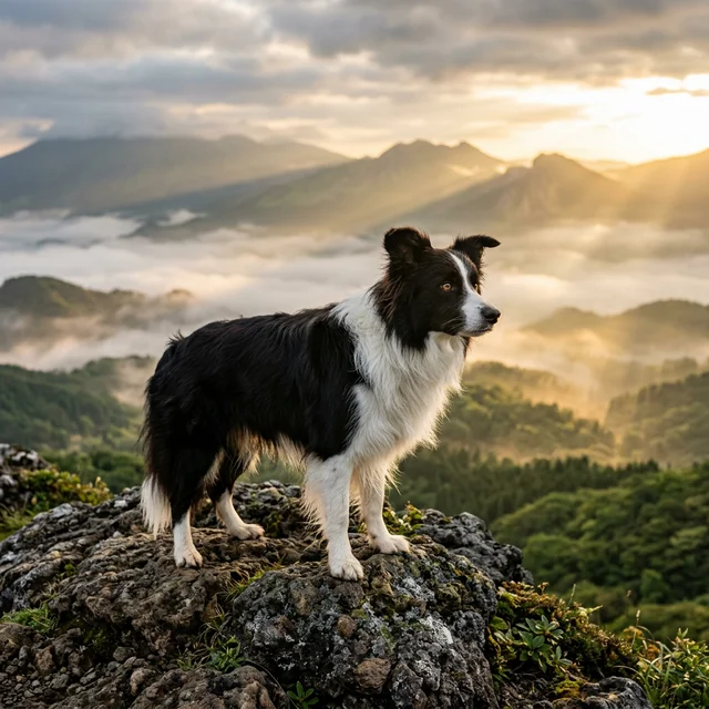 霧島の山々を背景に岩の上に立つボーダーコリー