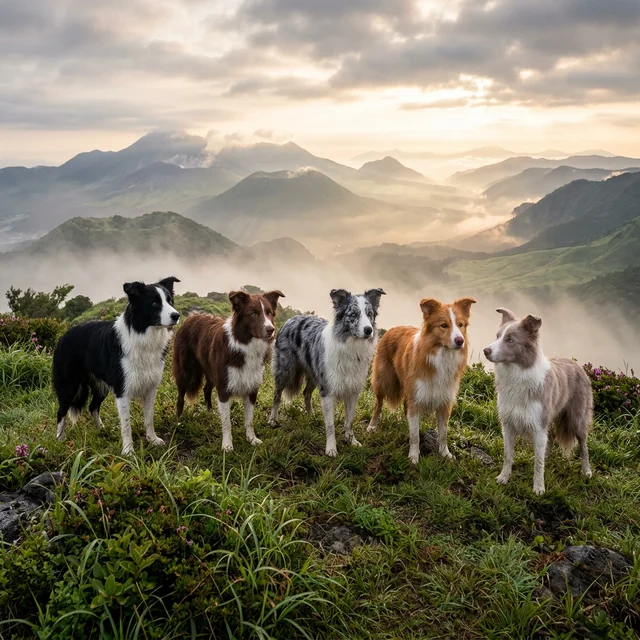 様々な毛色のボーダーコリーが霧島の高原に佇む風景